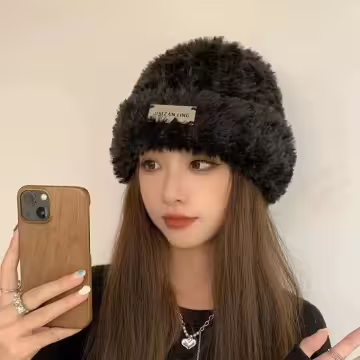 金屬標牌仿貂毛×毛帽×黑色
