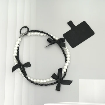 芭蕾風蝴蝶結珍珠&times;雙層手機腕帶掛繩&times;黑色.avif